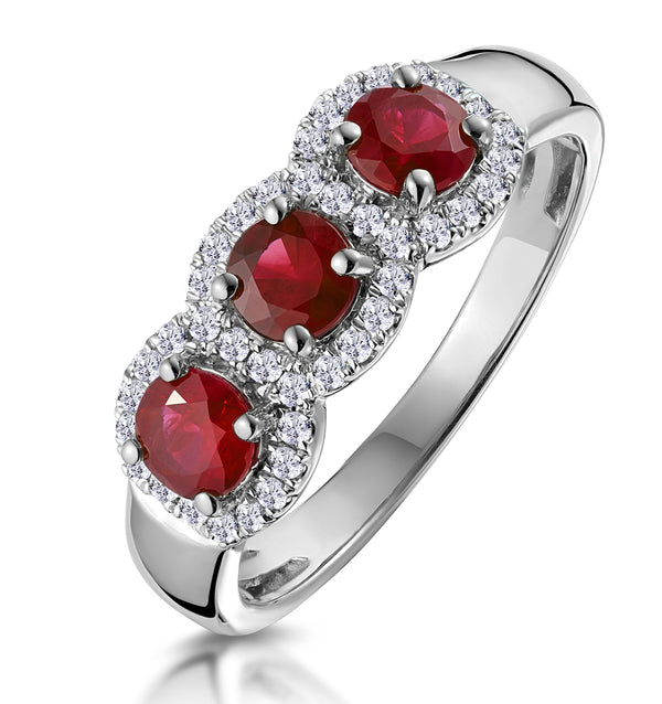 Ruby and Lab Diamond Halo Trilogy Ring in 9KW Gold - Asteria
